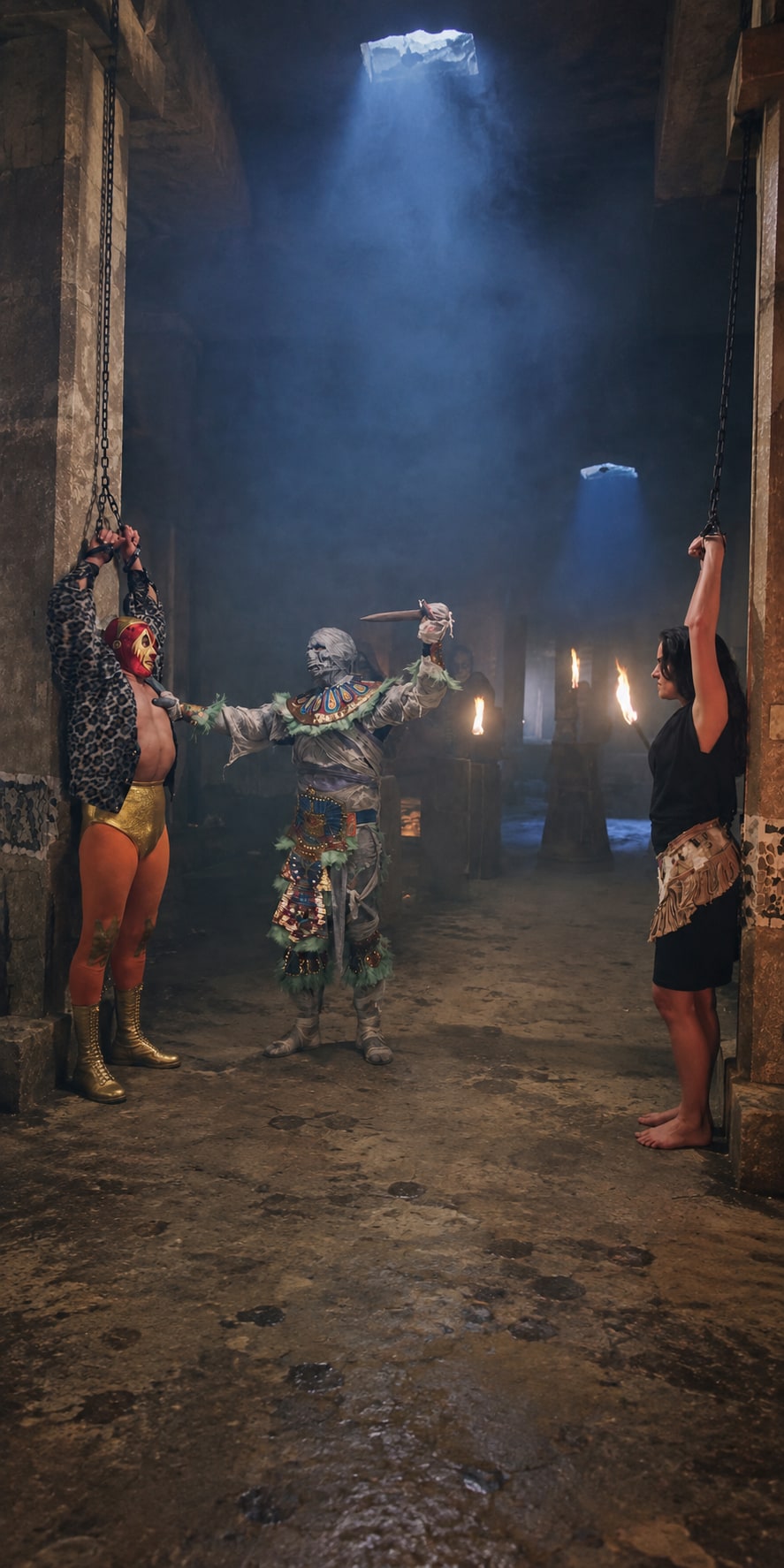 Mil Mascaras confronting the Aztec Mummy in a torchlit chamber